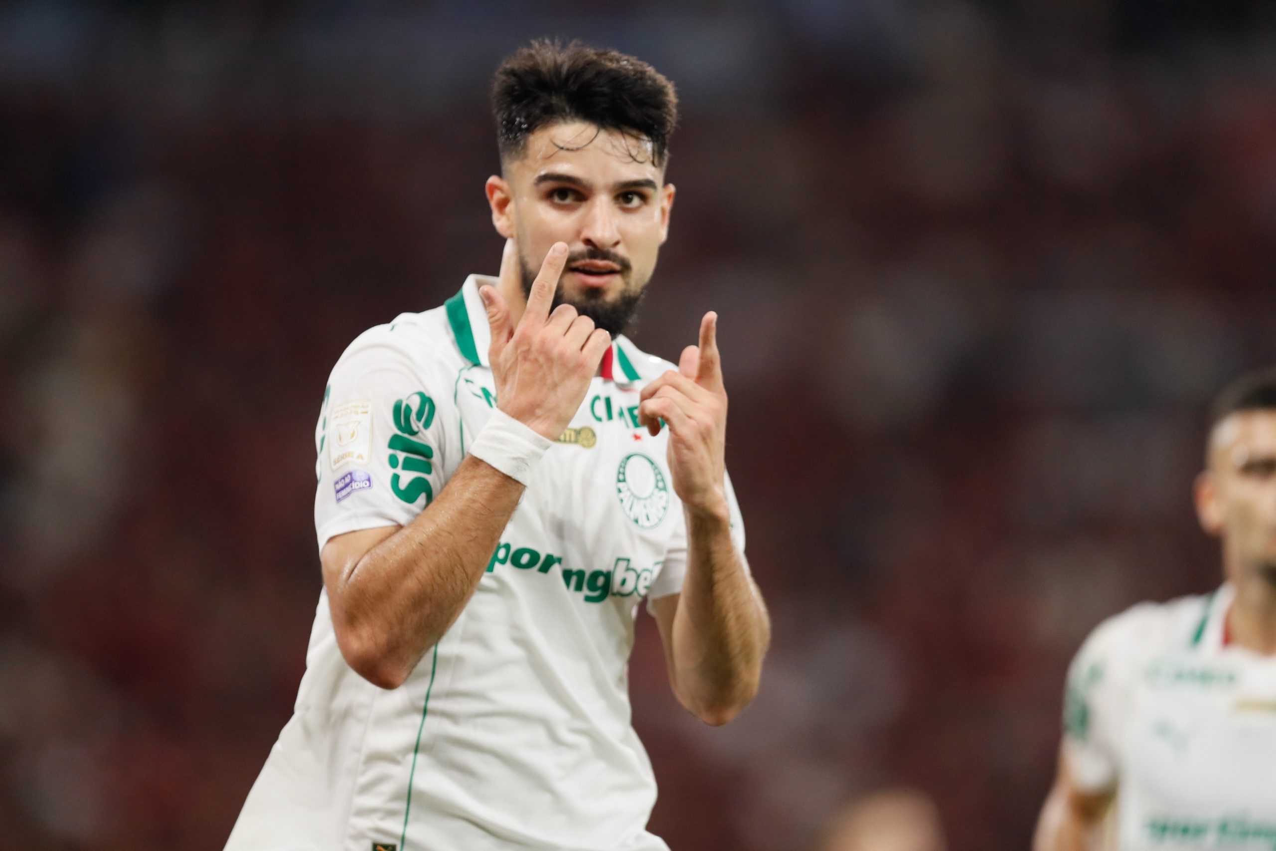 Flaco López, atacante do Palmeiras, comemora um gol em partida pelo clube.