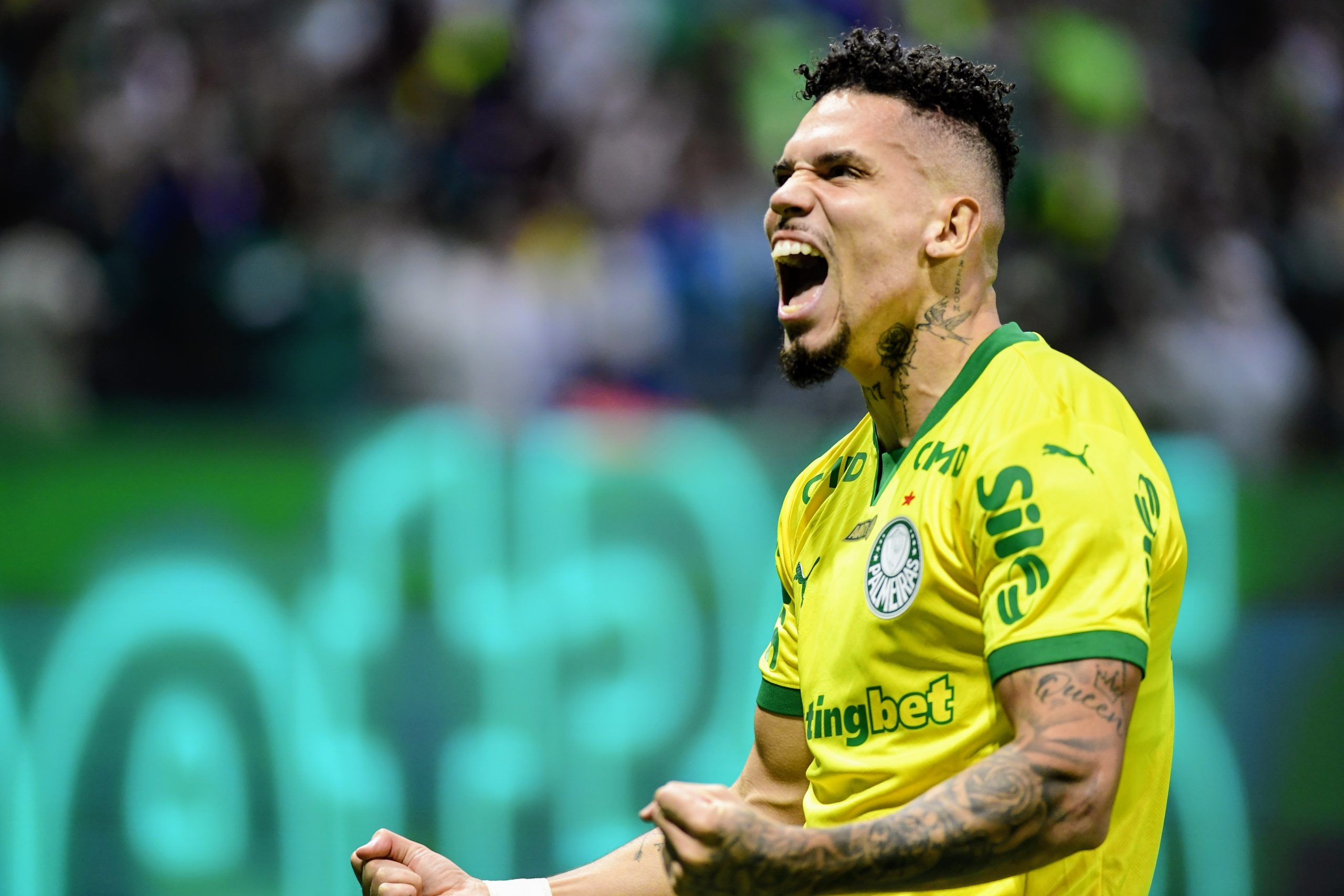 Jogador do Palmeiras comemorando gol contra a Chapecoense