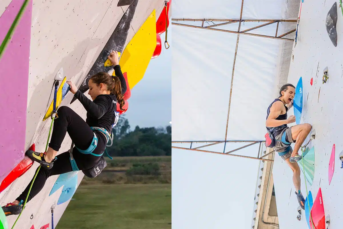 Atletas competindo na modalidade boulder da Copa Brasil de Escalada em Joinville.