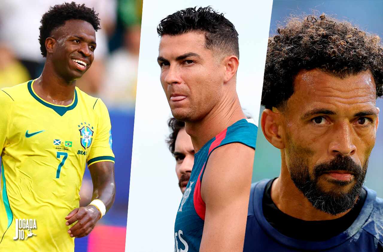 Jogadores de futebol de Brasil, Portugal e Cabo Verde em campo durante a Copa do Mundo.