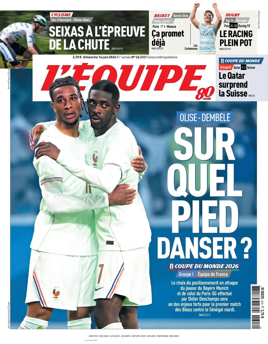 Jogadores da seleção francesa de futebol em treinamento, com foco em Kylian Mbappé, Michael Olise e Ousmane Dembélé.