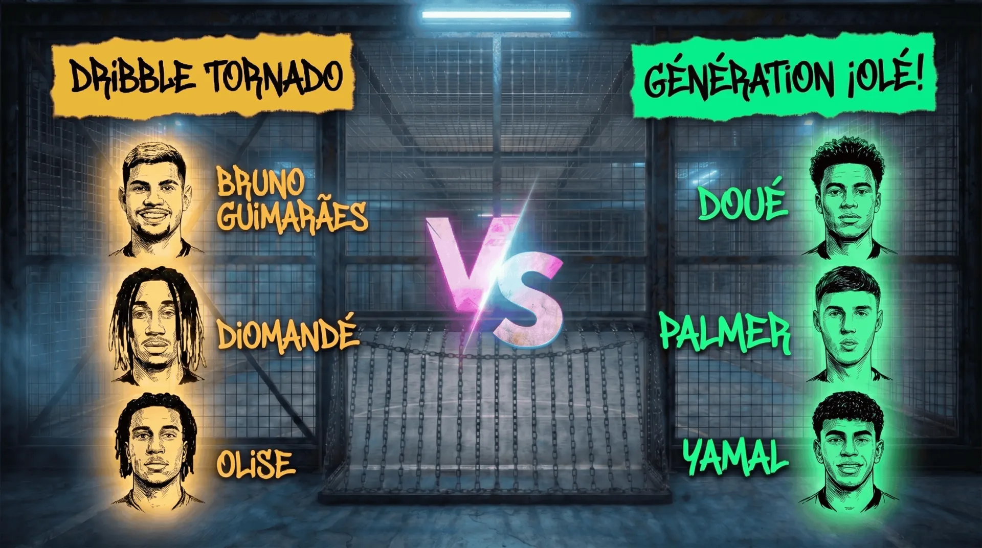 Dois trios de jogadores de futebol competindo em uma quadra, representando as equipes Dribble Tornado e Génération Olé na final do torneio The Cage.