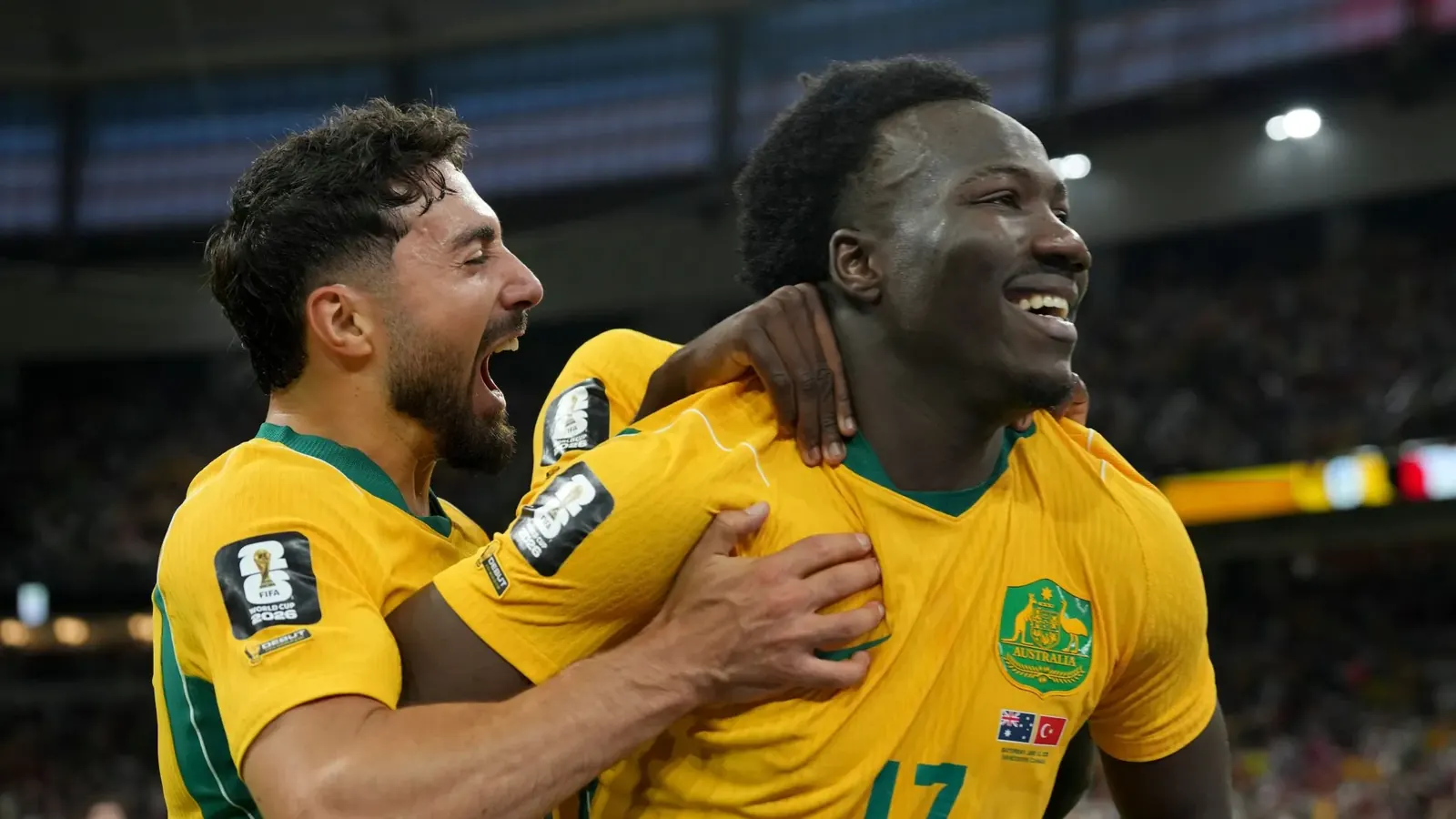 Jogadores da seleção australiana comemoram um gol contra a Turquia na Copa do Mundo de 2026.