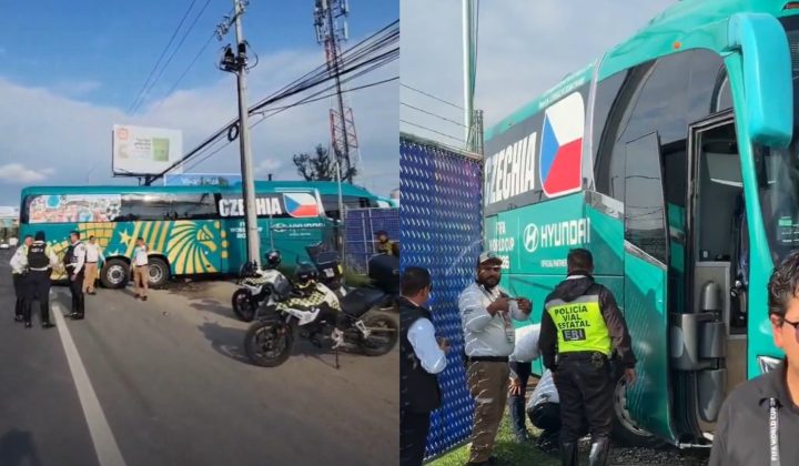 Ônibus da República Tcheca fica preso em portão e causa caos no trânsito em Guadalajara