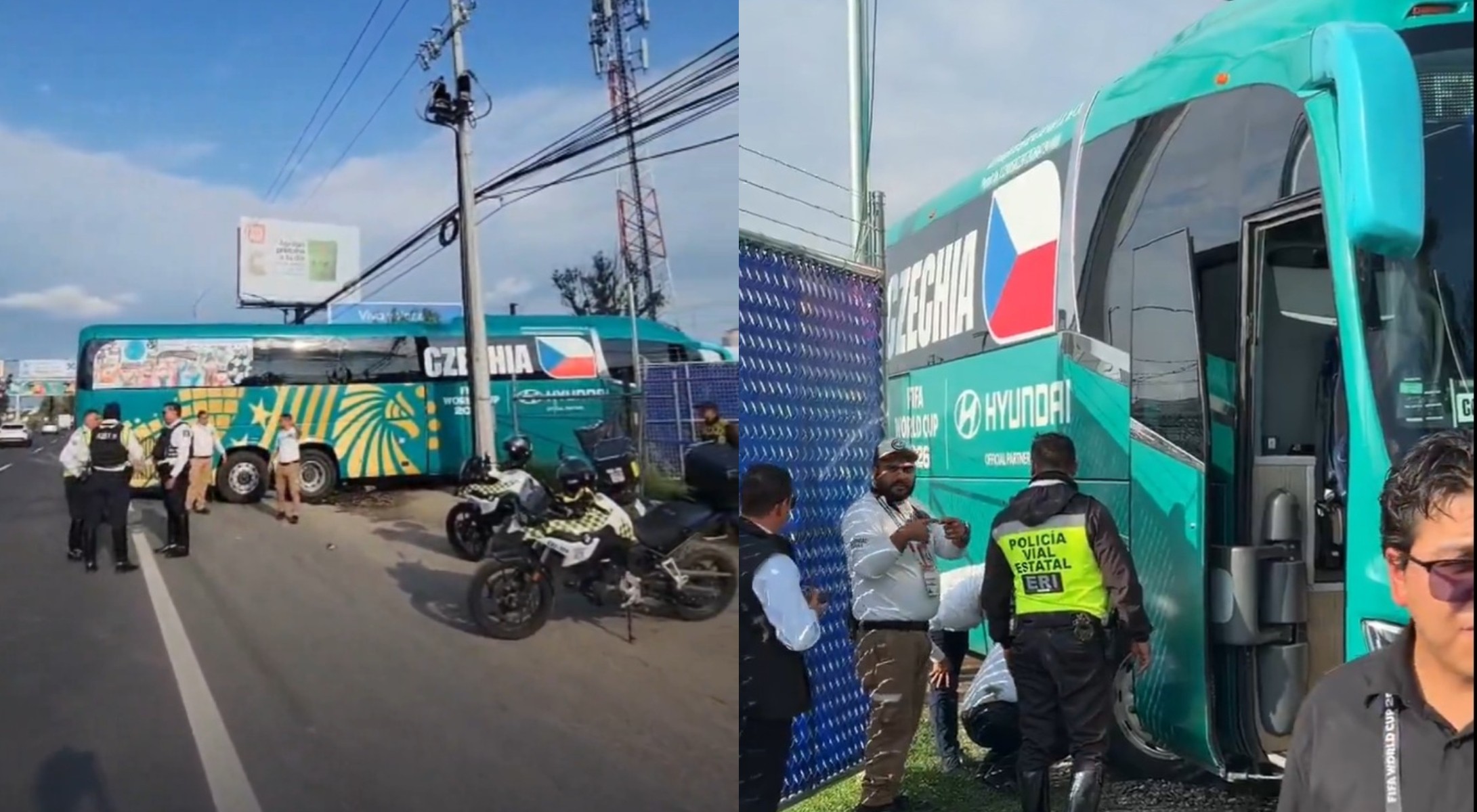 Ônibus da seleção da República Tcheca preso em portão, bloqueando o trânsito em Guadalajara.