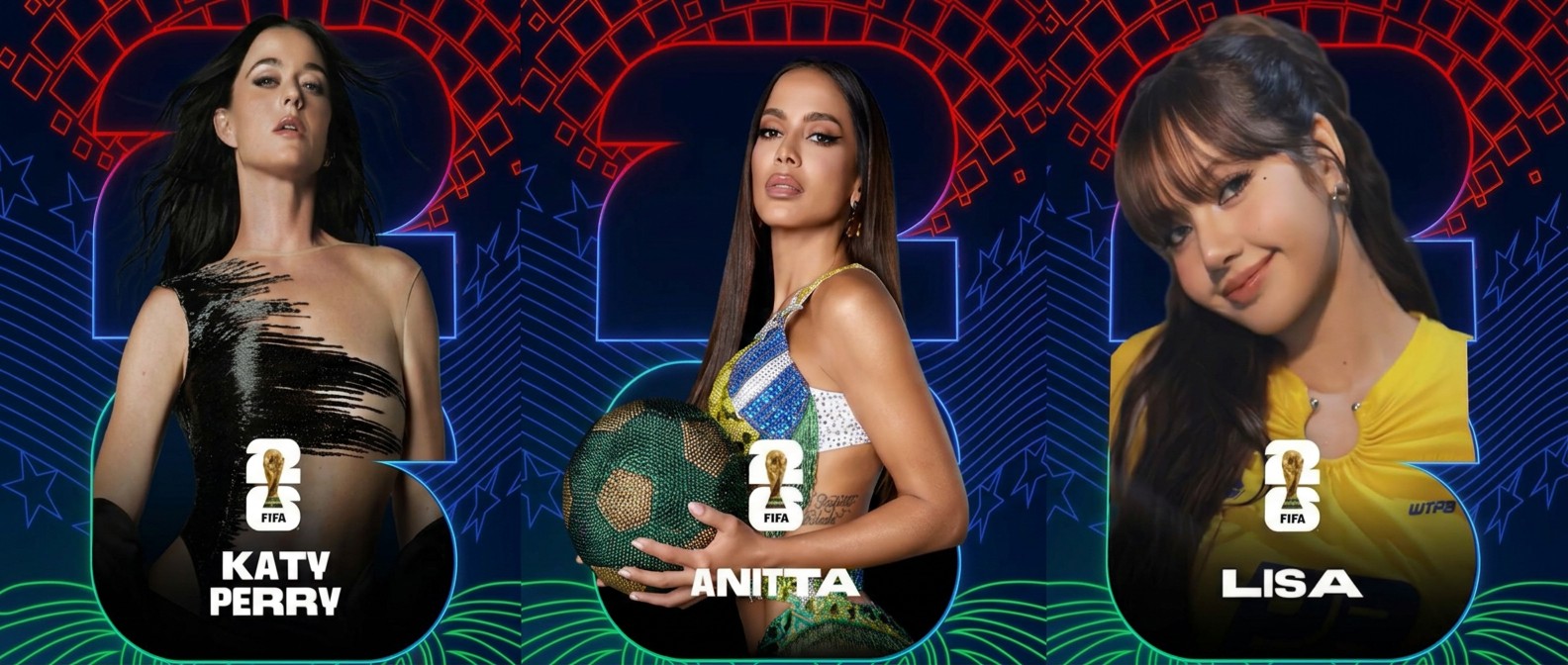 Artistas Anitta, Lisa e Katy Perry em performance musical durante a Copa do Mundo FIFA 2026.