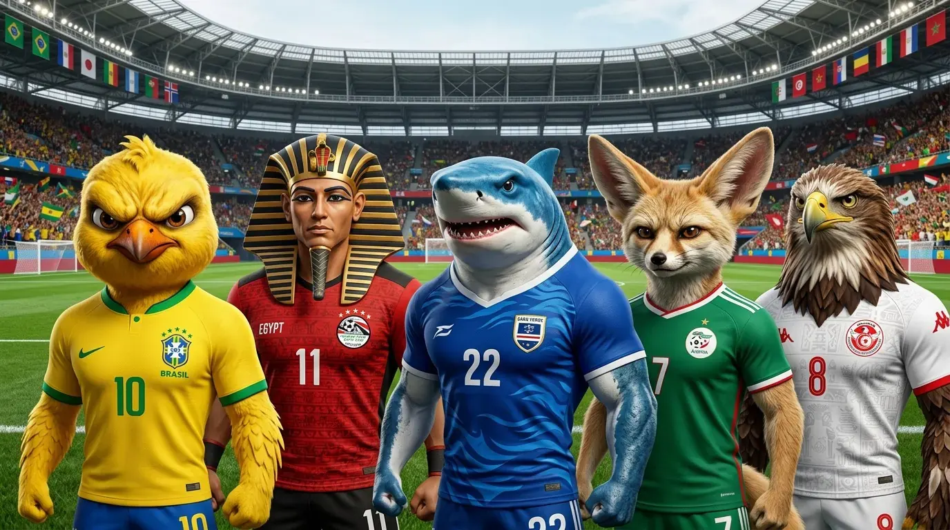 Jogadores de futebol de diversas seleções comemorando um gol em campo