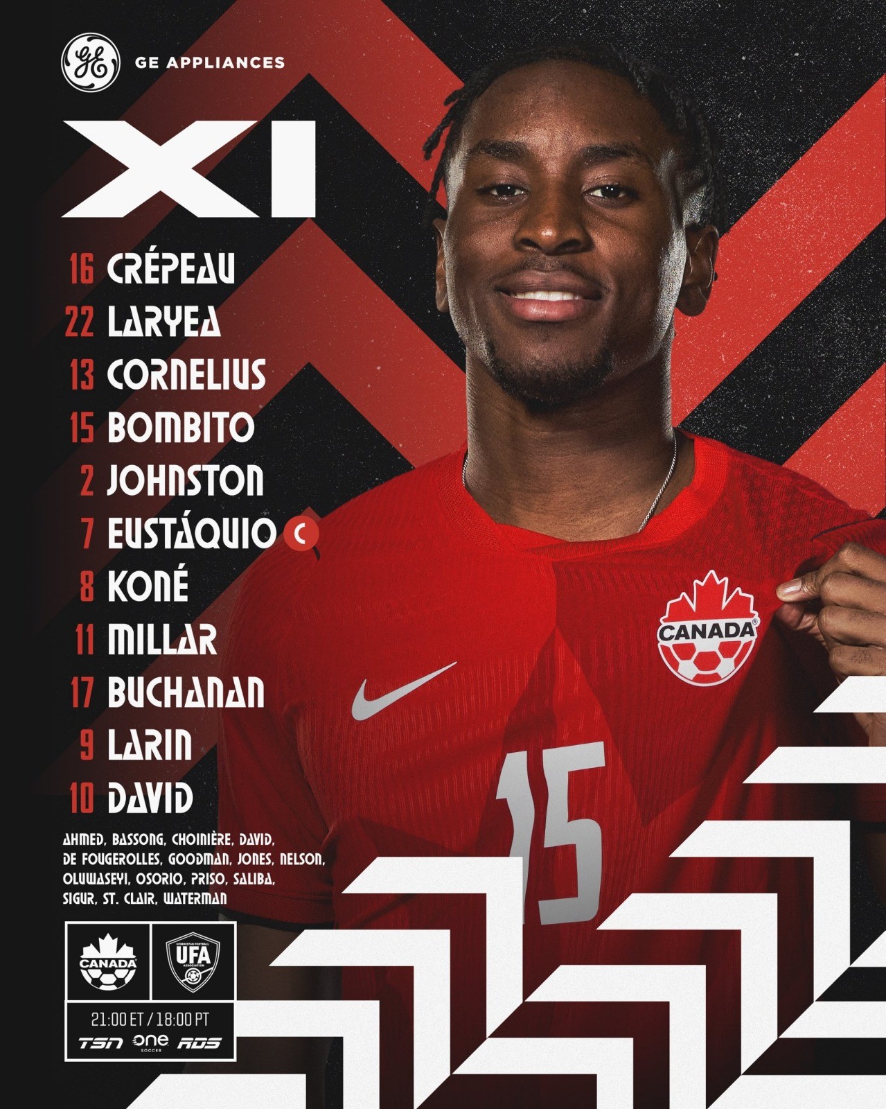 Zagueiro Moïse Bombito do Canadá em ação durante partida amistosa.