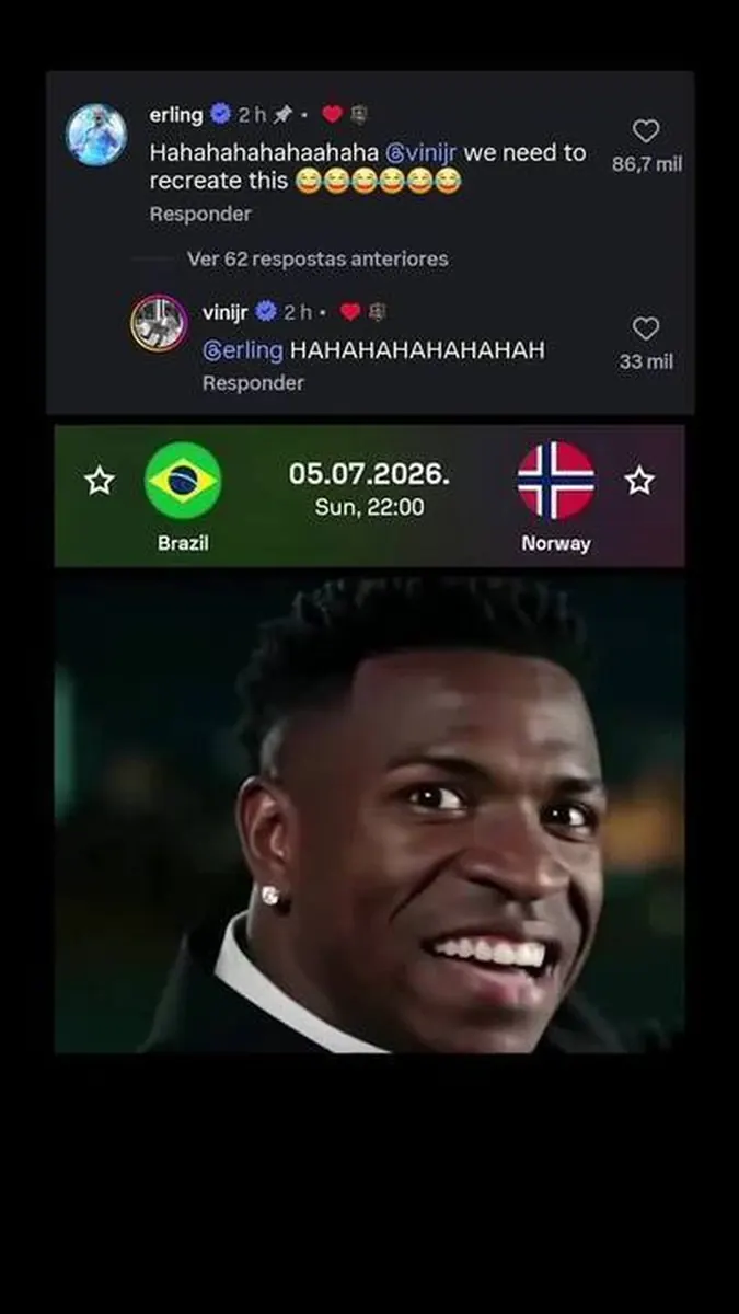 Montagem de meme com rostos de Vini Jr. e Haaland em cena do filme "As Branquelas