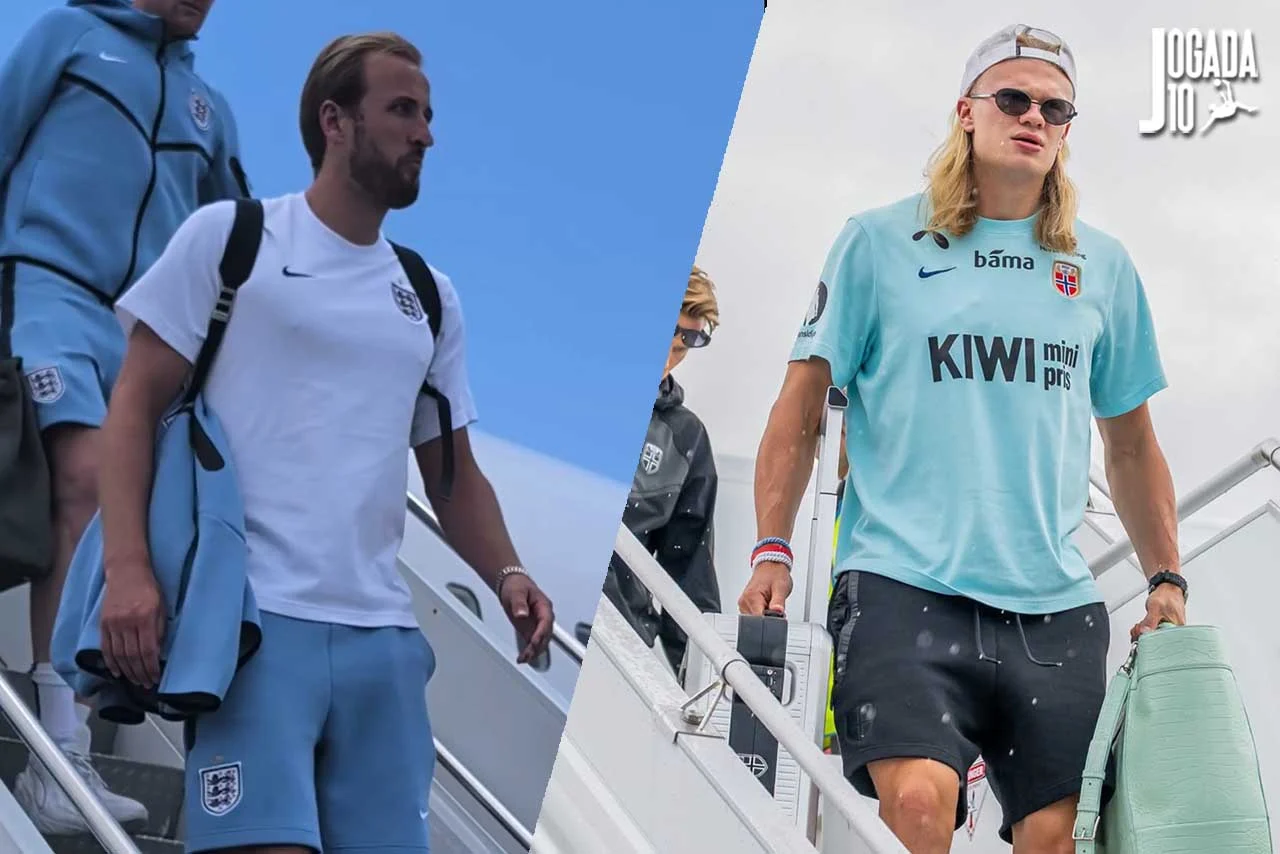 Harry Kane com a camisa da Inglaterra e Erling Haaland com a camisa da Noruega, ambos em ação em um campo de futebol.