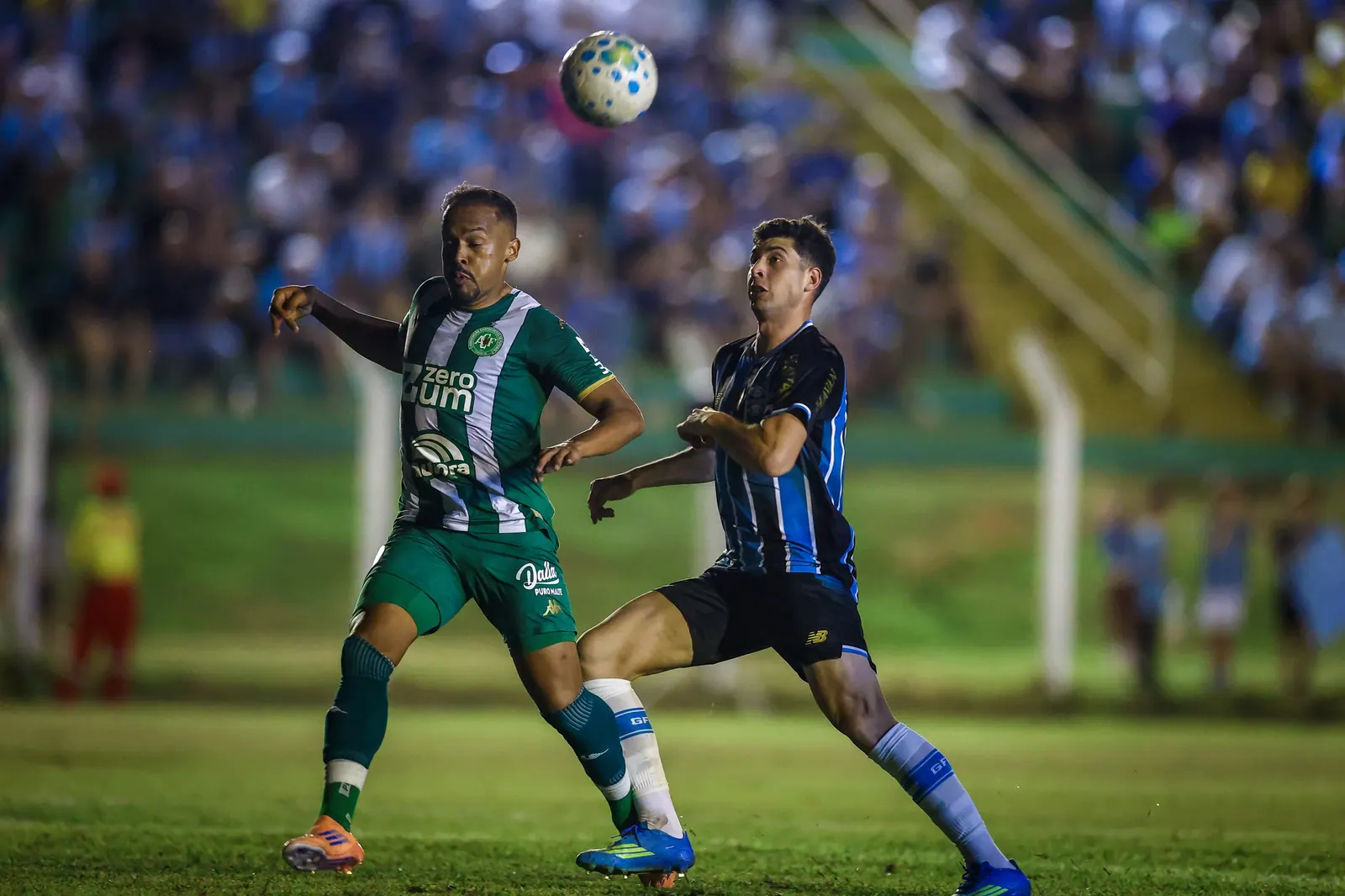 Jogadores de futebol do Grêmio e Chapecoense em campo durante amistoso.