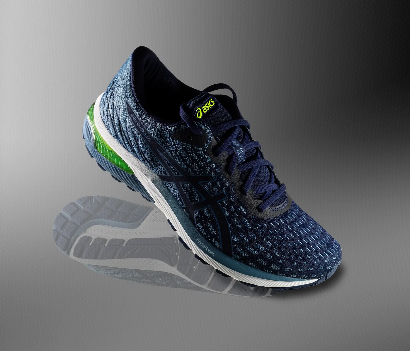 Runner analyzing different models of running shoes in a specialized store.