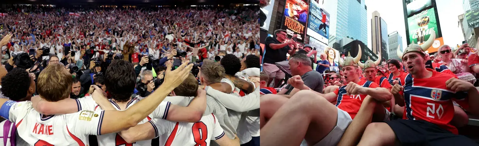 Torcedores da Inglaterra cantam "Wonderwall" em uma arquibancada, enquanto torcedores da Noruega realizam a "Remada Viking" em outra seção do estádio durante a Copa do Mundo.