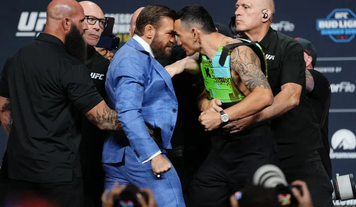 McGregor e Holloway protagonizam encarada tensa antes da aguardada revanche no UFC 329