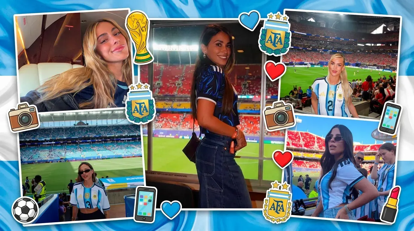 Grupo de mulheres sorrindo e acenando, representando as WAGs da seleção argentina.
