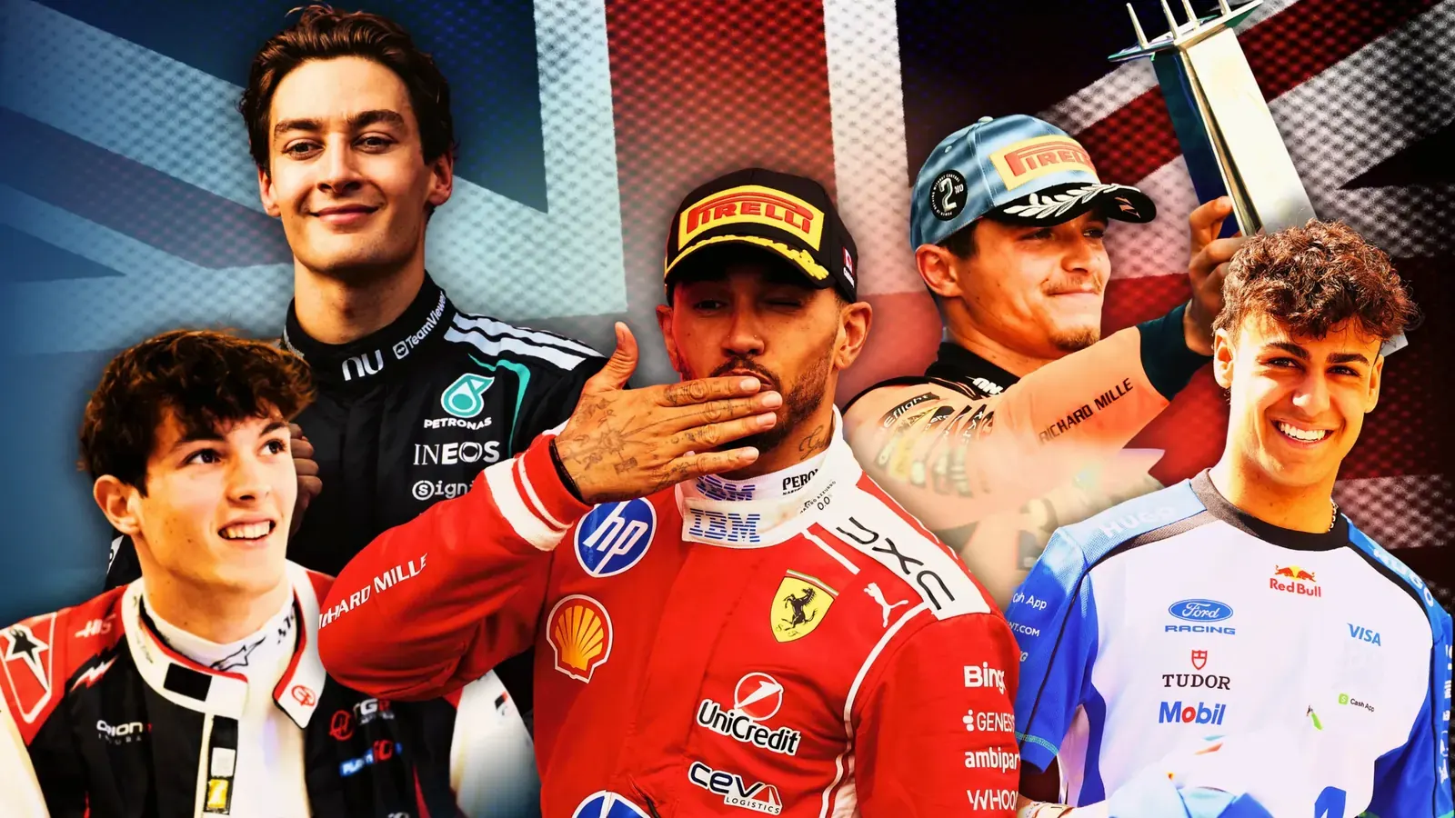 Cinco pilotos britânicos da Fórmula 1 reunidos em Silverstone para o GP da Grã-Bretanha.
