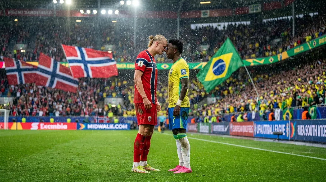 Jogadores Vini Jr. do Brasil e Haaland da Noruega em ação durante a Copa do Mundo 2026.